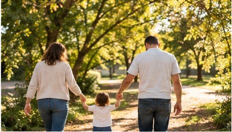 Un genitore e un bambino camminano per mano in un parco alberato